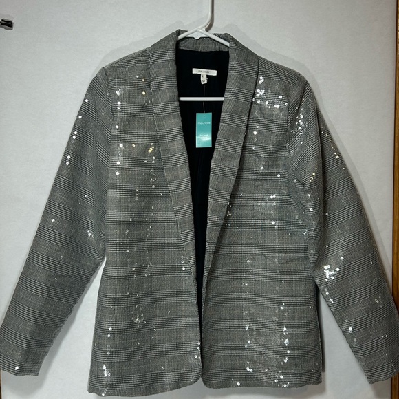 Maurices Sequin Shimmer Black/White/Silver Hues Long Sleeve Lined Blazer Size M - Picture 2 of 7